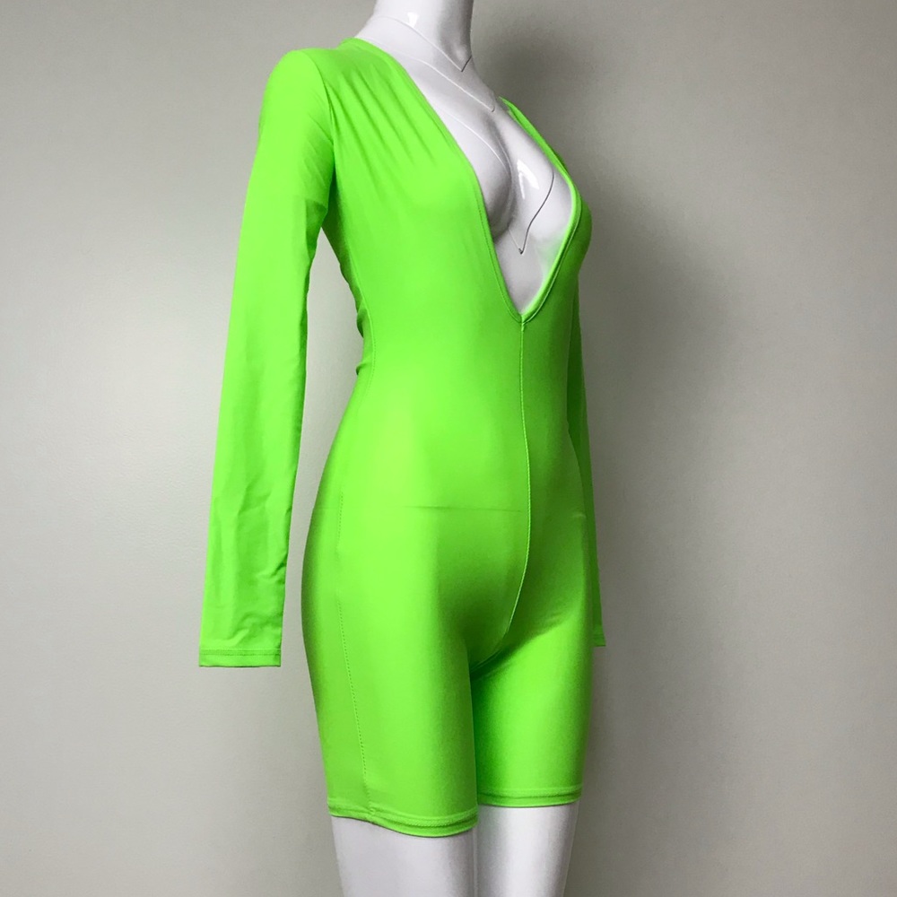 Neon Green Vinyl Zip-Up Thong Bodysuit